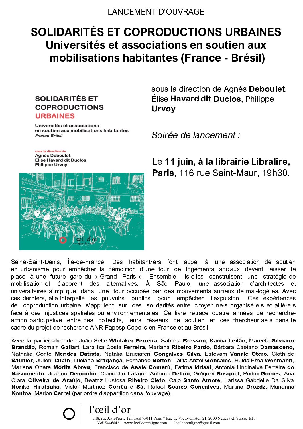 Lancement de l&rsquo;ouvrage : « Solidarités et coproductions urbaines », à Marseille (3 juin) et Paris (11 juin)